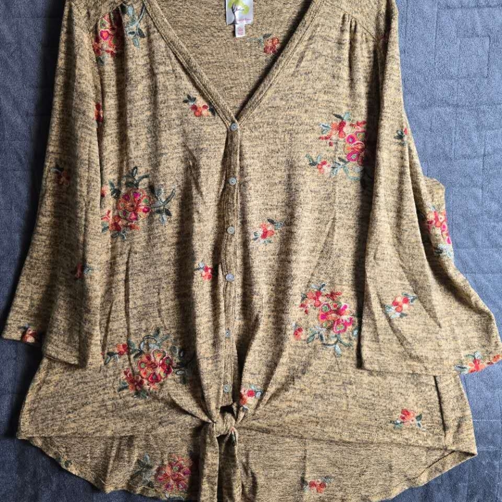 Fig and Flower Brown V-Neck 3/4 Sleeve Blouse